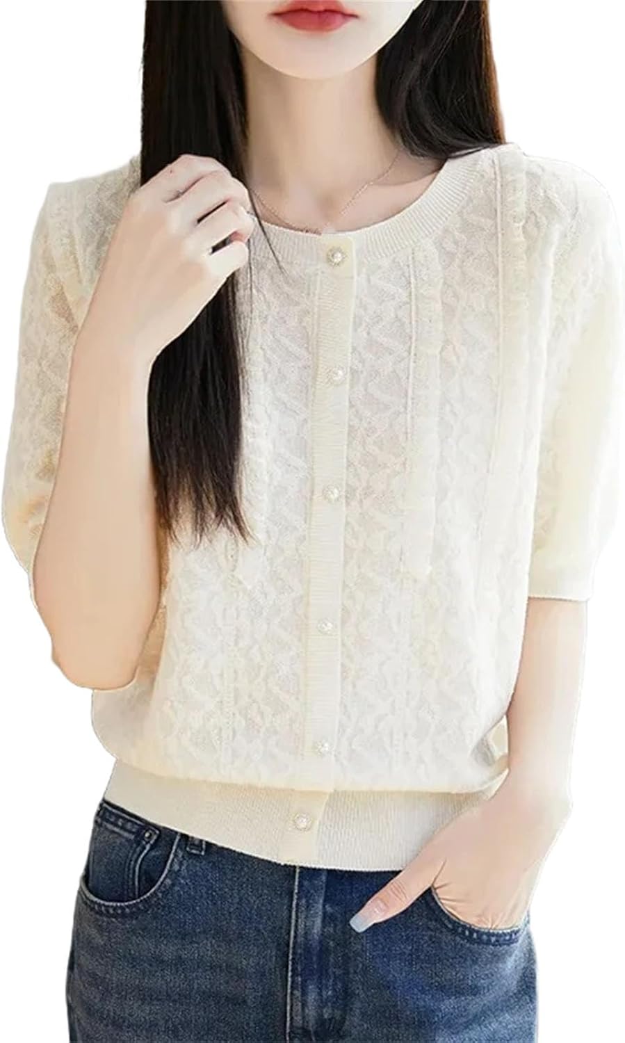 Women's Elegant Lady Short Sleeve Knitted T-Shirt Thin Design Lace Edge Fashionable Women s Clothing Crew Neck Top - Image 10