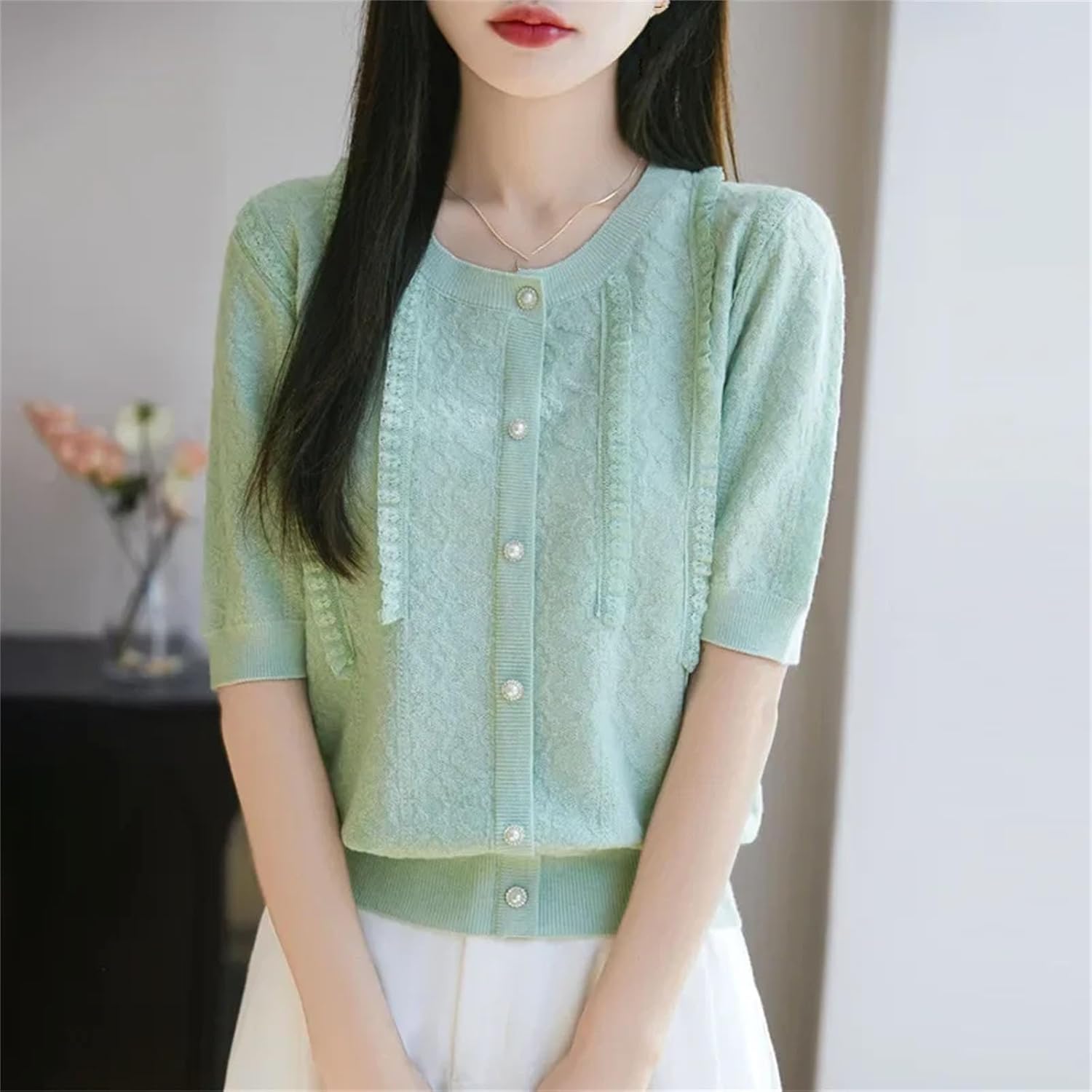 Women's Elegant Lady Short Sleeve Knitted T-Shirt Thin Design Lace Edge Fashionable Women s Clothing Crew Neck Top - Image 3