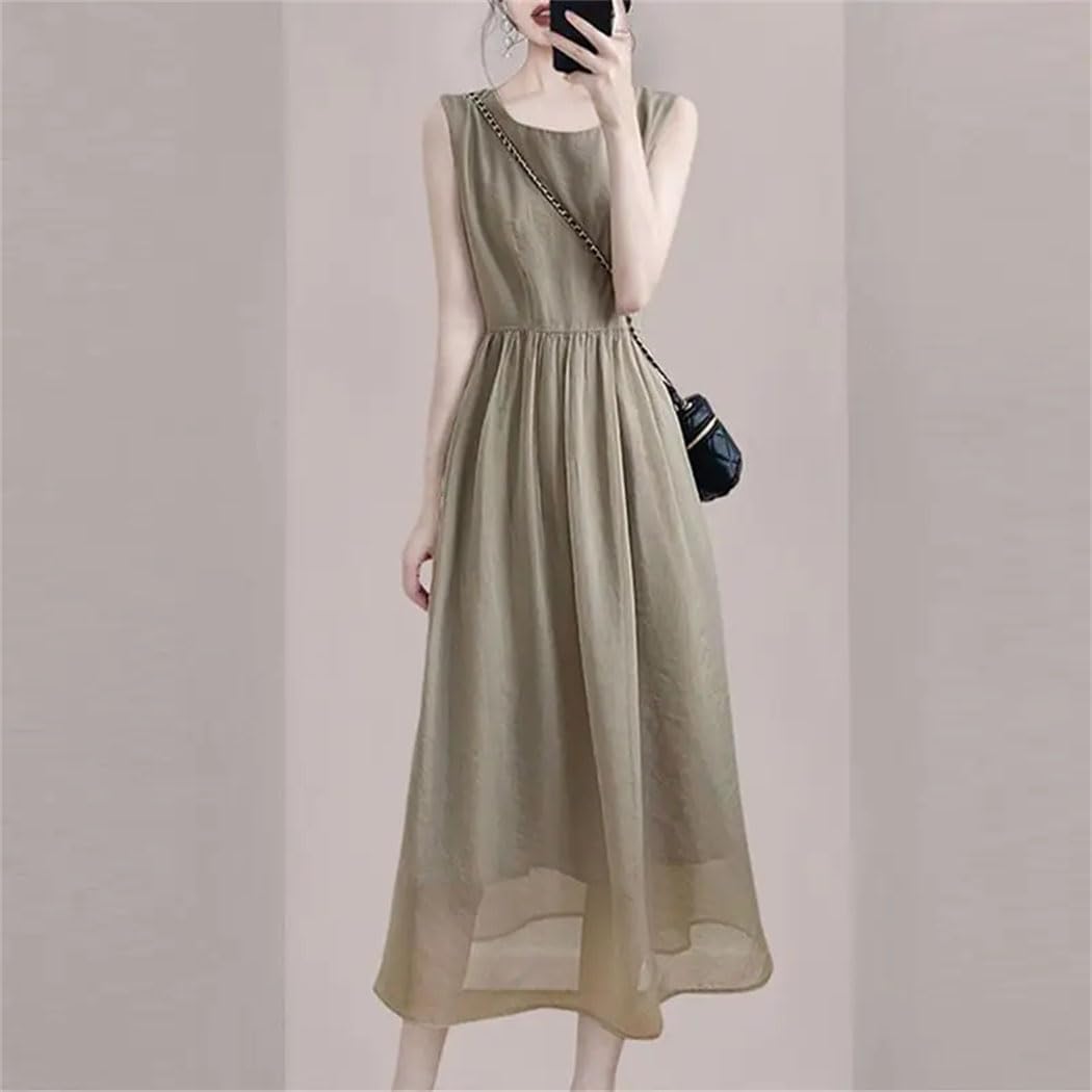 Women's Fashion O-Neck All-Match Dress Solid Sleeveless Clothing Summer Loose Office Lady Dress - Image 3