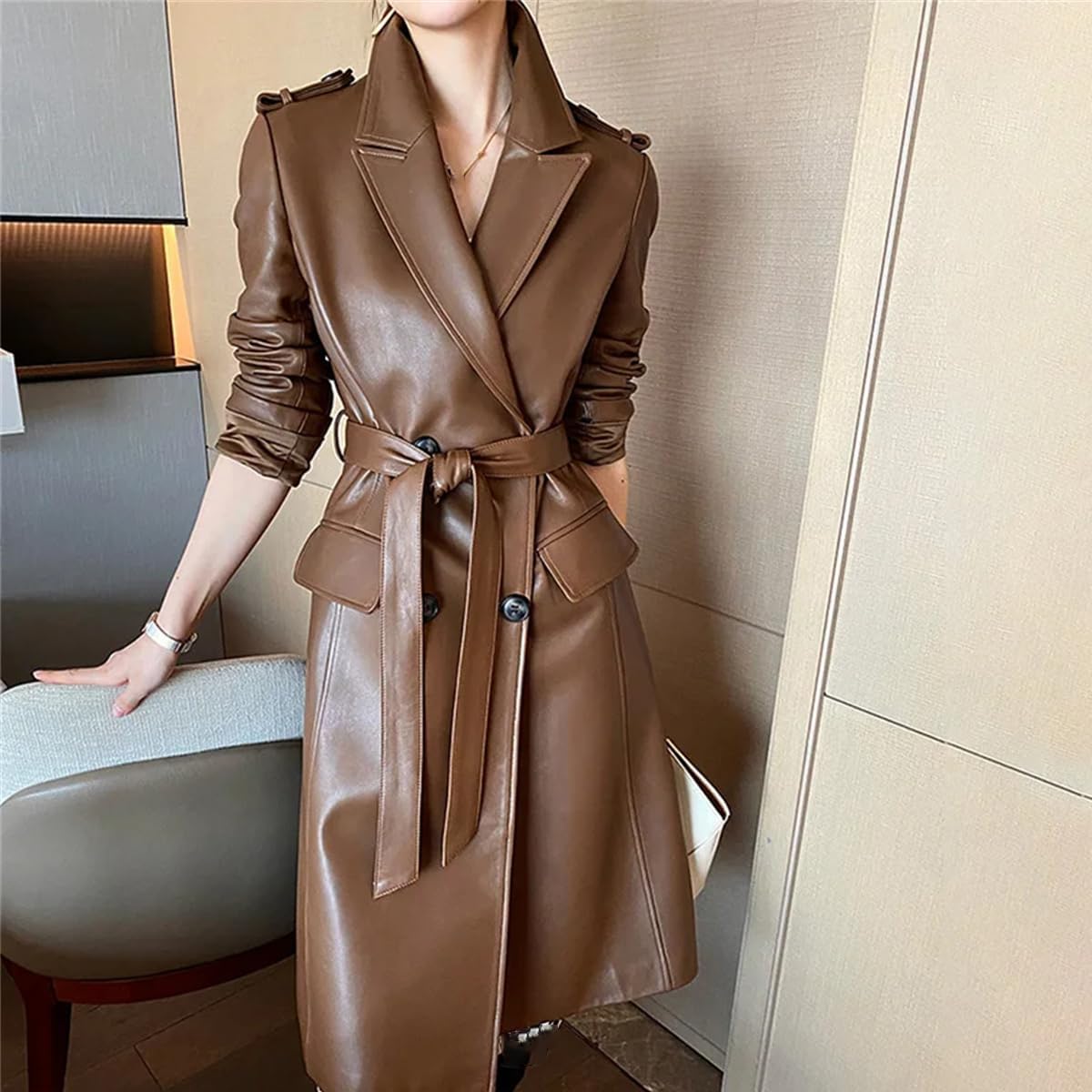 Women's Leather Trench Coat Fashion Street Genuine Leather Jacket Long Full Sleeve Women's Clothing - Image 4
