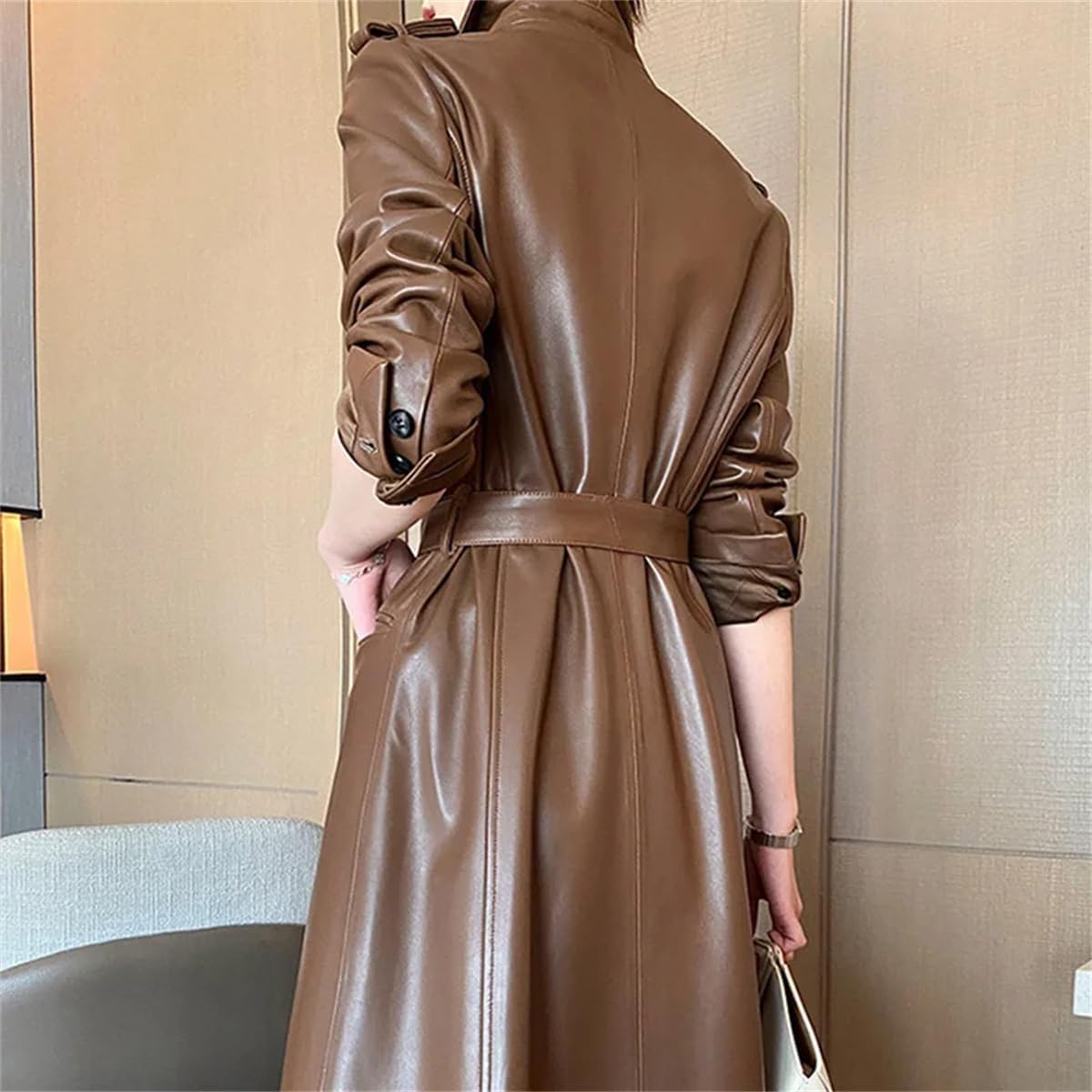 Women's Leather Trench Coat Fashion Street Genuine Leather Jacket Long Full Sleeve Women's Clothing - Image 5