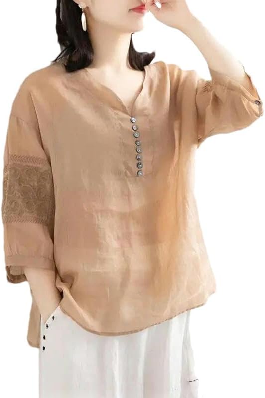 XZQYJKP Women's V-Neck Button Loose Short Sleeve Casual T-Shirts Summer Solid Color Clothing Chinese Style