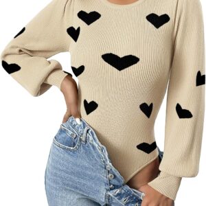 Zeagoo Women 2025 Long Puff Sleeve Sweater Fall Slim Fit Pullover Tops Crewneck Ribbed Knit Bodysuit Jumpsuit S-XXL
