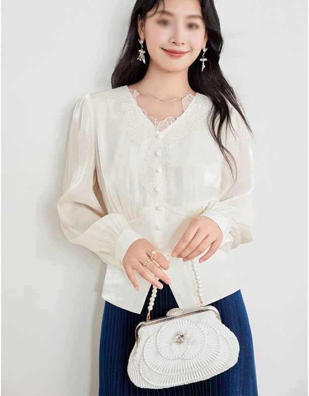 ZYQHMY Chiffon V-Neck Shirt Women's Tops Small Shirt Women's Clothing Long Sleeve Women's Shirt(Beige,M) - Image 3