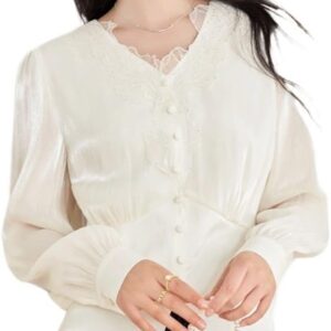 ZYQHMY Chiffon V-Neck Shirt Women's Tops Small Shirt Women's Clothing Long Sleeve Women's Shirt(Beige,M)