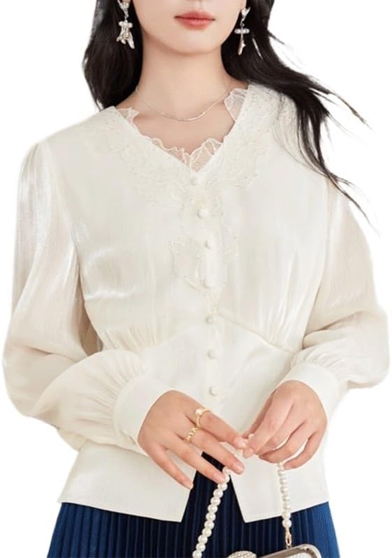 ZYQHMY Chiffon V-Neck Shirt Women's Tops Small Shirt Women's Clothing Long Sleeve Women's Shirt(Beige,M)