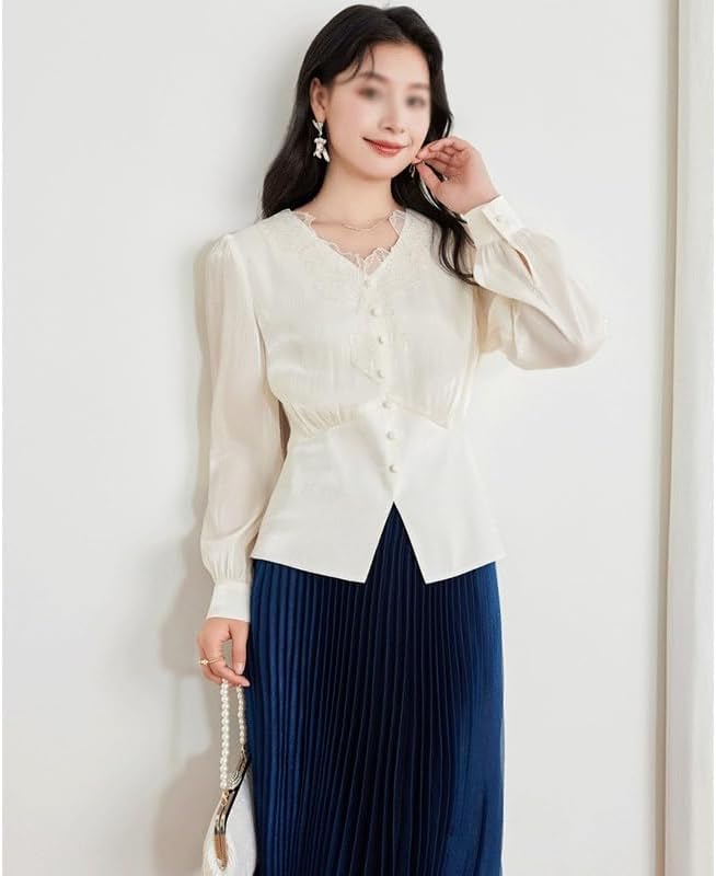 ZYQHMY Chiffon V-Neck Shirt Women's Tops Small Shirt Women's Clothing Long Sleeve Women's Shirt(Beige,M) - Image 2